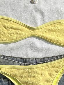 SHEIN Swim 女款夏季套裝，黃色細肩帶特殊面料性感海灘度假泳衣套裝 - 黃色 - 查看 6