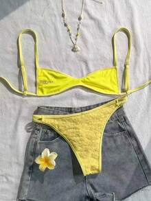 SHEIN Swim 女款夏季套裝，黃色細肩帶特殊面料性感海灘度假泳衣套裝 - 黃色 - 查看 2