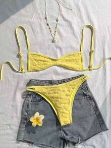 SHEIN Swim 女款夏季套裝，黃色細肩帶特殊面料性感海灘度假泳衣套裝 - 黃色 - 查看 4
