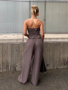BiaLiraa 春夏修身时尚荷叶边拼接抹胸上衣和直筒休闲裤套装，宽松度假沙滩优雅OL两件套短款女装 - 棕色 - 查看 2