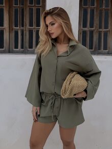 BiaLiraa 女士夏季新款休闲度假白色梭织衬衫短裤套装 - 軍綠色 - 查看 5