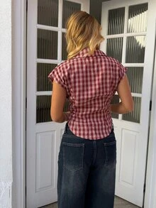 BiaLiraa Women's Spring/Summer Chic Streetwear Y2K Back To School Casual Concert Plaid Graphics V-Neck Bustier Lapel Short Shirt - Red - View 2
