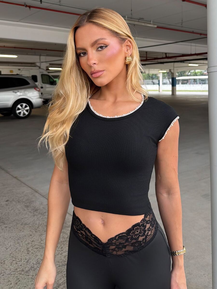 BiaLiraa Camiseta de punto de manga corta con escote de encaje y cuentas para mujer, para verano - Negro - Ver 1