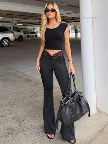 BiaLiraa Camiseta de punto de manga corta con escote de encaje y cuentas para mujer, para verano - Negro - Ver 5