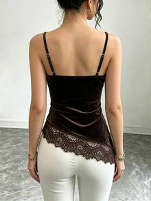 SHEIN Velvet Contrast Lace Slim Fit Cami Top Night Out Going Out Dark Brown Autumn Sexy Halloween - Brown - View 2