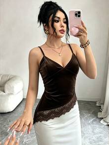 SHEIN Velvet Contrast Lace Slim Fit Cami Top Night Out Going Out Dark Brown Autumn Sexy Halloween - Brown - View 4