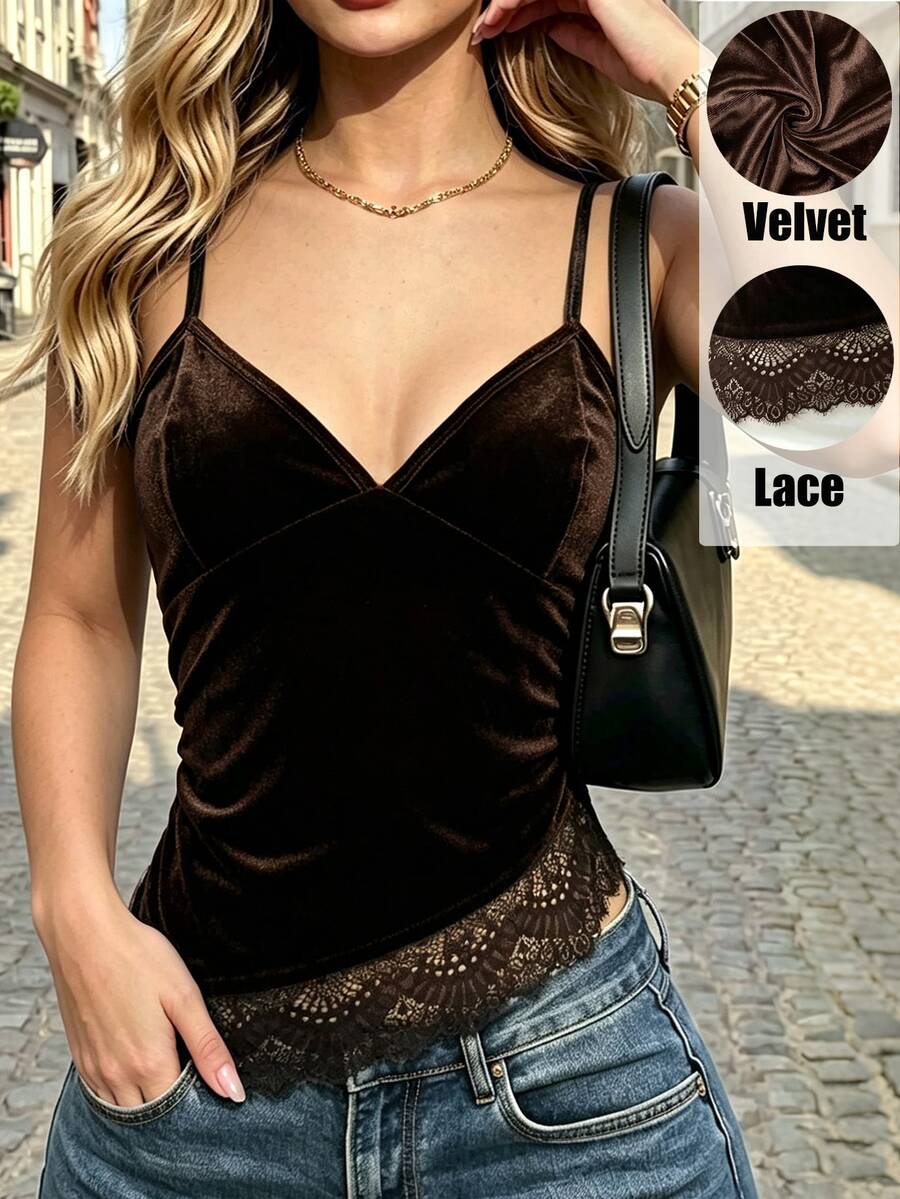 SHEIN Velvet Contrast Lace Slim Fit Cami Top Night Out Going Out Dark Brown Autumn Sexy Halloween - Brown - View 1