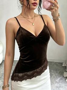 SHEIN Velvet Contrast Lace Slim Fit Cami Top Night Out Going Out Dark Brown Autumn Sexy Halloween - Brown - View 5
