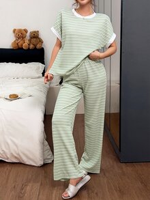 SHEIN Women's Casual Knit Jacquard Striped Short Sleeve Long Pants Loungewear Pajama Set - Green - View 7