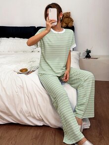 SHEIN Women's Casual Knit Jacquard Striped Short Sleeve Long Pants Loungewear Pajama Set - Green - View 4
