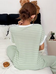 SHEIN Women's Casual Knit Jacquard Striped Short Sleeve Long Pants Loungewear Pajama Set - Green - View 2