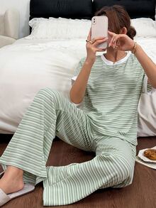 SHEIN Women's Casual Knit Jacquard Striped Short Sleeve Long Pants Loungewear Pajama Set - Green - View 1