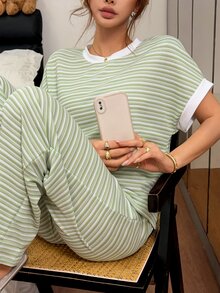 SHEIN Women's Casual Knit Jacquard Striped Short Sleeve Long Pants Loungewear Pajama Set - Green - View 5