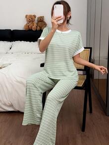 SHEIN Women's Casual Knit Jacquard Striped Short Sleeve Long Pants Loungewear Pajama Set - Green - View 6