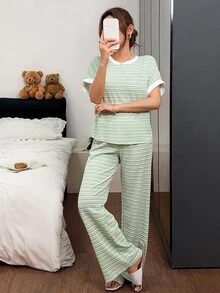 SHEIN Women's Casual Knit Jacquard Striped Short Sleeve Long Pants Loungewear Pajama Set - Green - View 3