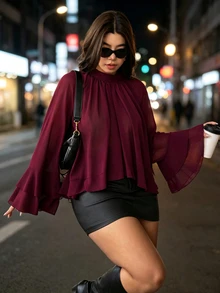 Vionelle Blus Ukuran Plus Minimalis Warna Polos Kerah Tegak Bahan Chiffon Dua Lapis Lengan Panjang Mengembang Melangsingkan Serbaguna untuk Komuter. - Burgundy - View 3