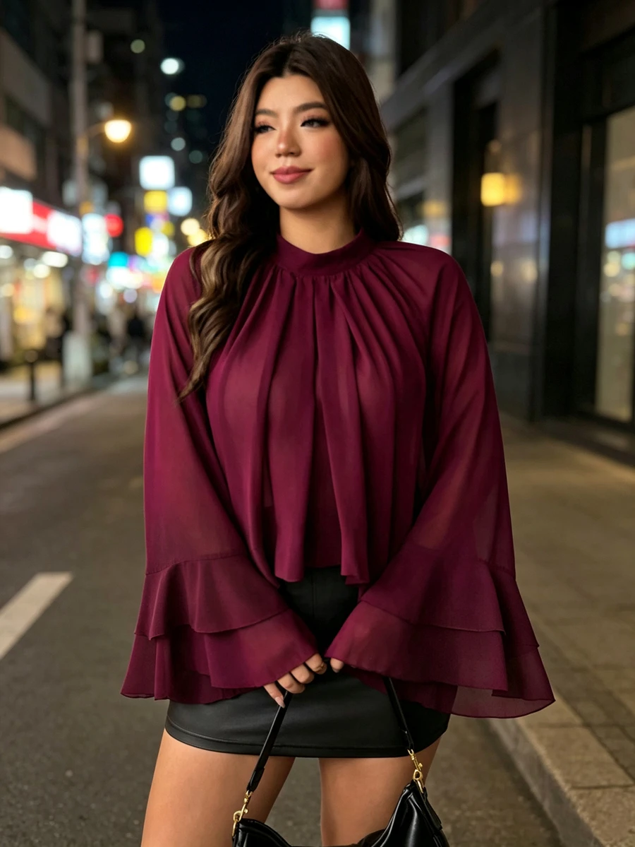 Vionelle Blus Ukuran Plus Minimalis Warna Polos Kerah Tegak Bahan Chiffon Dua Lapis Lengan Panjang Mengembang Melangsingkan Serbaguna untuk Komuter. - Burgundy - View 1