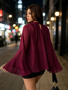 Vionelle Blus Ukuran Plus Minimalis Warna Polos Kerah Tegak Bahan Chiffon Dua Lapis Lengan Panjang Mengembang Melangsingkan Serbaguna untuk Komuter. - Burgundy - View 2