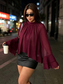 Vionelle Blus Ukuran Plus Minimalis Warna Polos Kerah Tegak Bahan Chiffon Dua Lapis Lengan Panjang Mengembang Melangsingkan Serbaguna untuk Komuter. - Burgundy - View 4