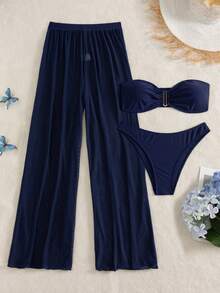 Costavie Women's Summer Beach Solid Color Strapless Bikini & Triangle Bottom Two-Piece Swimwear Set With Cover Up Pants - Multicolor - View 8