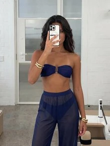 Costavie Women's Summer Beach Solid Color Strapless Bikini & Triangle Bottom Two-Piece Swimwear Set With Cover Up Pants - Multicolor - View 4