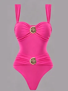 Swim Oasis Women's 2-Piece Summer Swimwear Set, One-Piece Top With Ruched Chest And Shell Trim, Random Print Long Pants, Beach Vacation - Multicolor - View 4