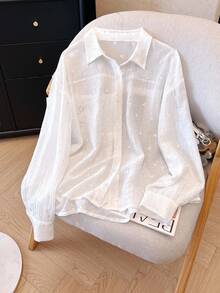 INAWLY Women Casual French Solid Color Textured Shirt And Shorts 2 Pieces Set Vacation Brunch White Autumn - White - View 4