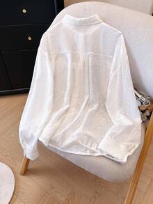 INAWLY Women Casual French Solid Color Textured Shirt And Shorts 2 Pieces Set Vacation Brunch White Autumn - White - View 6