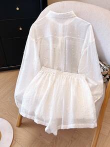 INAWLY Women Casual French Solid Color Textured Shirt And Shorts 2 Pieces Set Vacation Brunch White Autumn - White - View 3