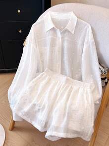 INAWLY Women Casual French Solid Color Textured Shirt And Shorts 2 Pieces Set Vacation Brunch White Autumn - White - View 2