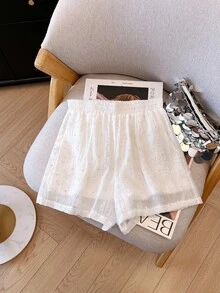 INAWLY Women Casual French Solid Color Textured Shirt And Shorts 2 Pieces Set Vacation Brunch White Autumn - White - View 7