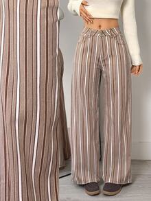 Flexra Celana Jeans Wanita Bergaris dengan Kantong, Potongan Lebar, Longgar, Kasual, Serbaguna - MultiWarna - View 10