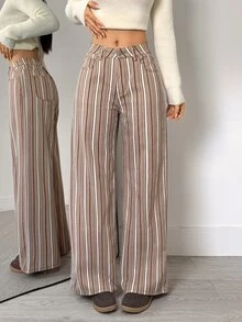 Flexra Celana Jeans Wanita Bergaris dengan Kantong, Potongan Lebar, Longgar, Kasual, Serbaguna - MultiWarna - View 8