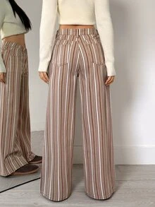Flexra Celana Jeans Wanita Bergaris dengan Kantong, Potongan Lebar, Longgar, Kasual, Serbaguna - MultiWarna - View 3