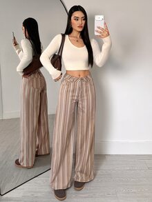 Flexra Celana Jeans Wanita Bergaris dengan Kantong, Potongan Lebar, Longgar, Kasual, Serbaguna - MultiWarna - View 6