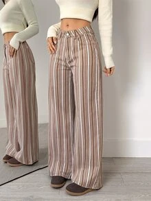 Flexra Celana Jeans Wanita Bergaris dengan Kantong, Potongan Lebar, Longgar, Kasual, Serbaguna - MultiWarna - View 4