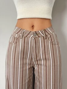 Flexra Celana Jeans Wanita Bergaris dengan Kantong, Potongan Lebar, Longgar, Kasual, Serbaguna - MultiWarna - View 7