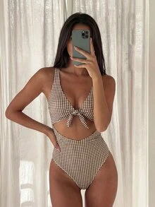 SHEIN Swim 2026春夏女士格子打结镂空连体泳衣 - 彩色 - 查看 5
