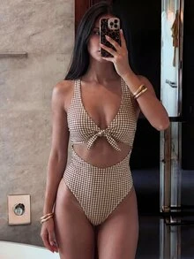 SHEIN Swim 2026春夏女士格子打结镂空连体泳衣 - 彩色 - 查看 3