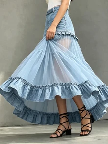 SHEIN Holidaya 新款夏季女款半透明藍色裙 - 藍色 - 查看 3
