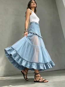 SHEIN Holidaya 新款夏季女款半透明藍色裙 - 藍色 - 查看 5