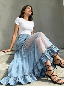 SHEIN Holidaya 新款夏季女款半透明藍色裙 - 藍色 - 查看 4