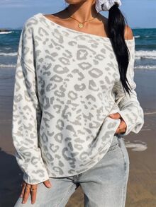CovetEZ Women's Leopard Print Off-Shoulder Sweater - White - View 3