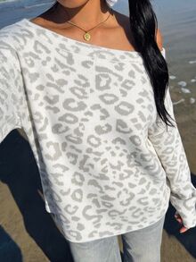 CovetEZ Women's Leopard Print Off-Shoulder Sweater - White - View 5
