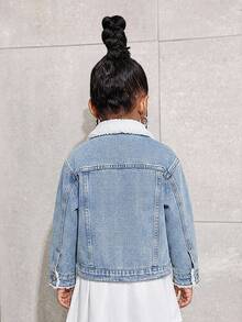 SHEIN 女童秋冬 Y2K 風格保暖藍色牛仔抓絨內裡翻領長袖外套，女童街頭風穿搭夾克，幼兒冬裝外套 - 淺色水洗藍 - 查看 2