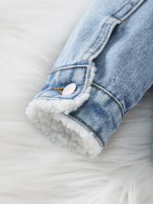 SHEIN 女童秋冬 Y2K 風格保暖藍色牛仔抓絨內裡翻領長袖外套，女童街頭風穿搭夾克，幼兒冬裝外套 - 淺色水洗藍 - 查看 9