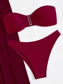 Sirith 3pcs/Set Women's Burgundy Summer Casual Beach Vacation Holiday Swimwear, Halter Tie Back Top, Triangle Bottoms, Ruffle Trim Mesh Beach Pants, Party - Red Violet - View 4