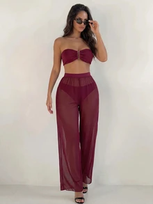 Sirith 3pcs/Set Women's Burgundy Summer Casual Beach Vacation Holiday Swimwear, Halter Tie Back Top, Triangle Bottoms, Ruffle Trim Mesh Beach Pants, Party - Red Violet - View 1