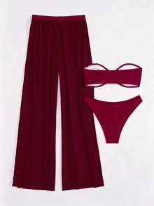 Sirith 3pcs/Set Women's Burgundy Summer Casual Beach Vacation Holiday Swimwear, Halter Tie Back Top, Triangle Bottoms, Ruffle Trim Mesh Beach Pants, Party - Red Violet - View 2