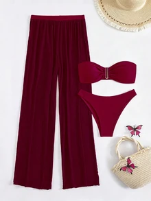 Sirith 3pcs/Set Women's Burgundy Summer Casual Beach Vacation Holiday Swimwear, Halter Tie Back Top, Triangle Bottoms, Ruffle Trim Mesh Beach Pants, Party - Red Violet - View 6
